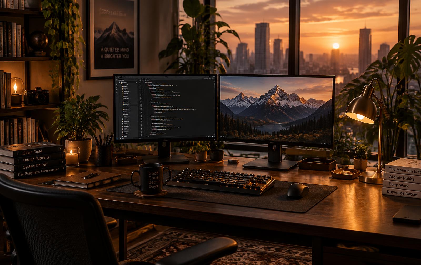 Warm developer workspace at sunset with dual monitors, plants and a desk lamp (demo image)